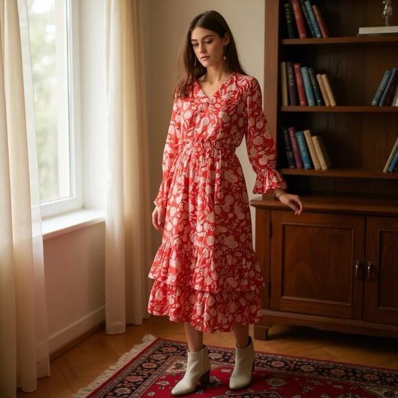 Universal Thread Midi Dress XXL Red Floral Long Balloon Sleeves Ruffle Boho - Picture 8 of 16